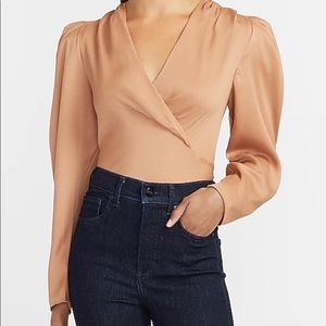 Express Pleated Puff Sleeve Deep V Blouse